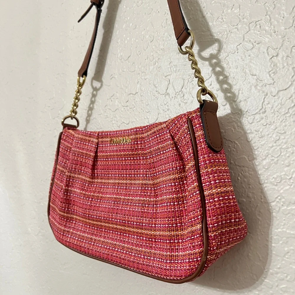 Calvin Klein Pink Woven Tweed Shoulder Bag Gold Chain Accent Preppy Designer